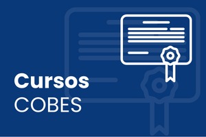 Fundo azul com o título Cursos COBES. Na parte superior da imagem, ilustração de um certificado